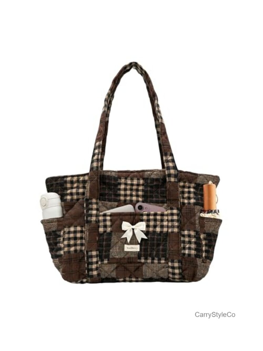 Quilted Floral Tote Bag Cotton Patchwork Bow Shoulder Handbag Zipper Women
